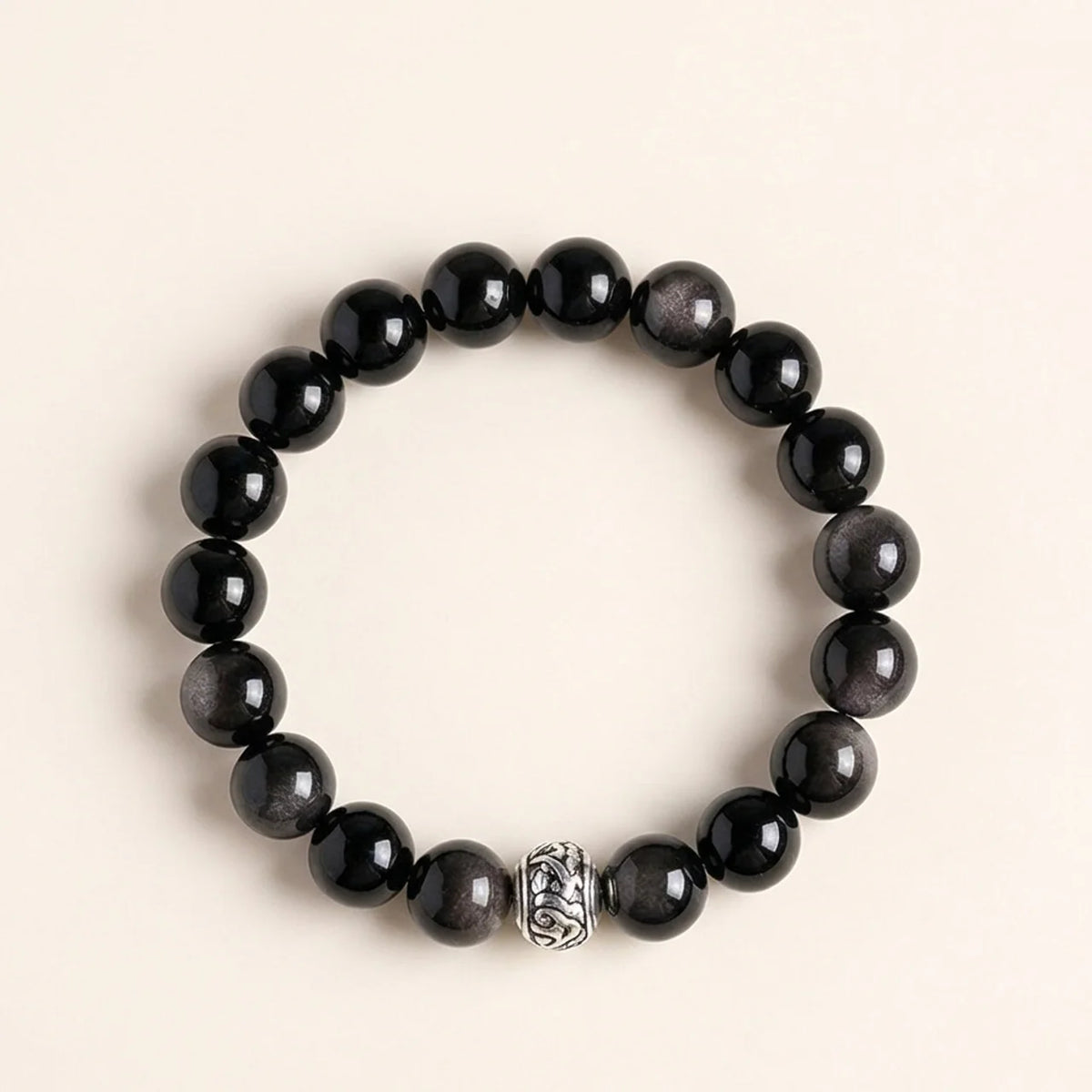 Silver Obsidian Lucky Bead Couple Bracelet