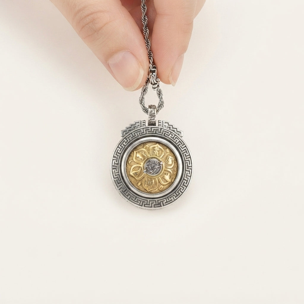Silver Plated Rotating Mantra Pendant Necklace