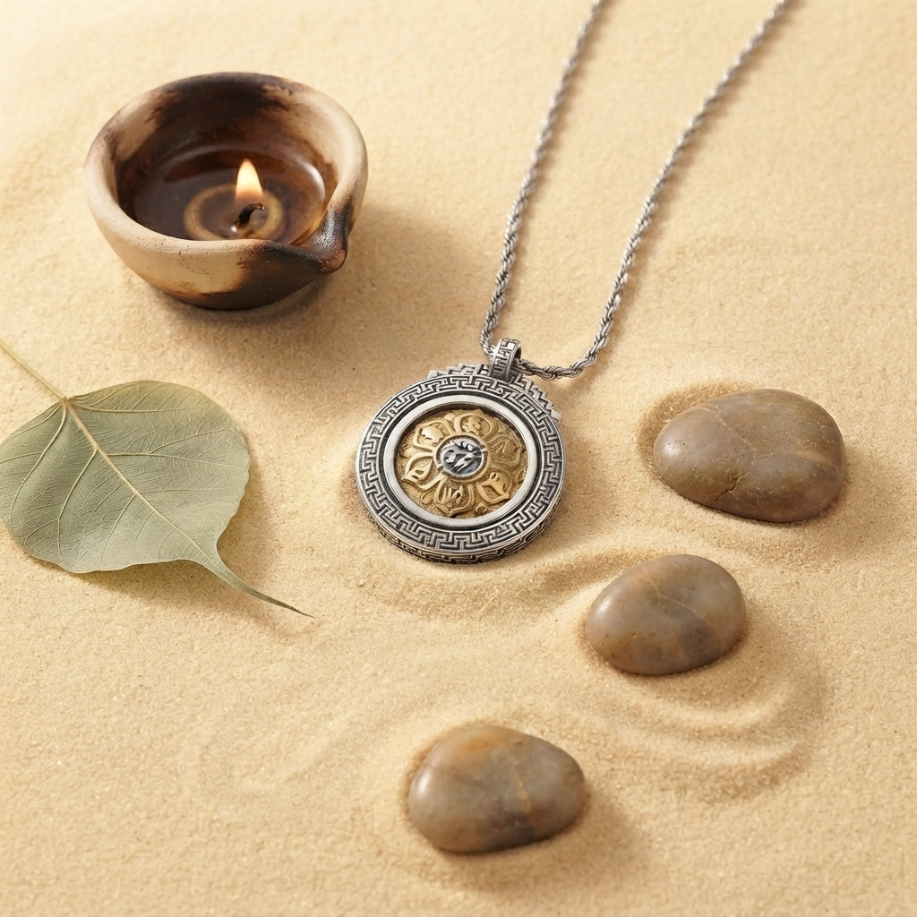 Silver Plated Rotating Mantra Pendant Necklace