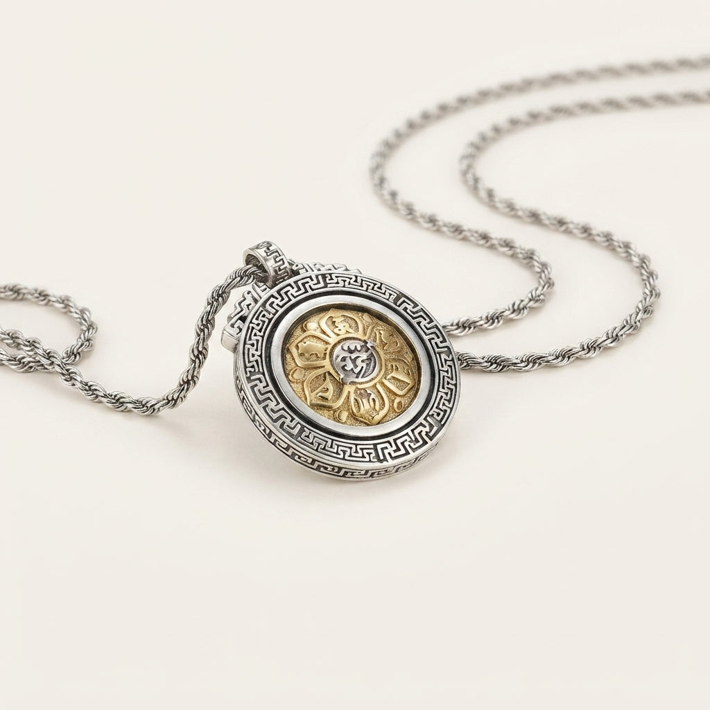 Silver Plated Rotating Mantra Pendant Necklace