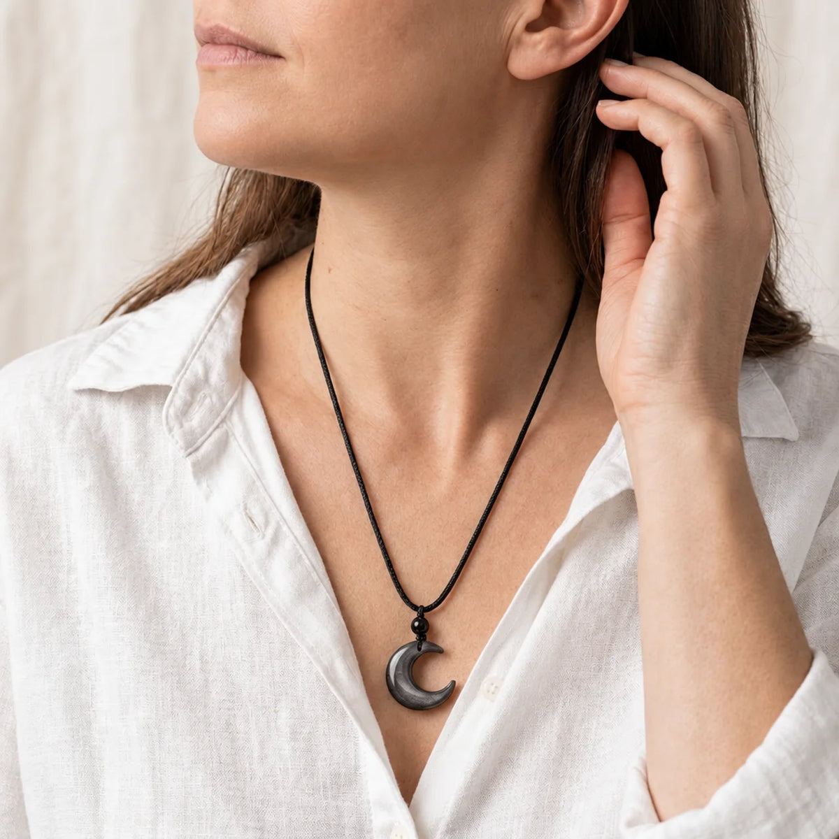 Silver Sheen Obsidian Yin Yang Moon Pendant Necklace