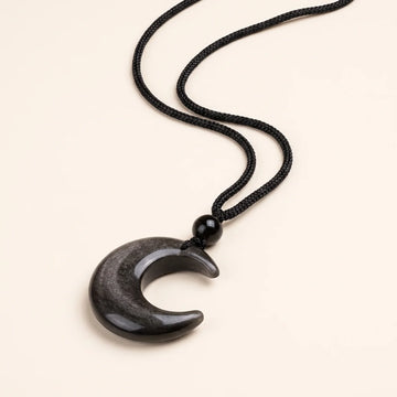 Silver Sheen Obsidian Yin Yang Moon Pendant Necklace