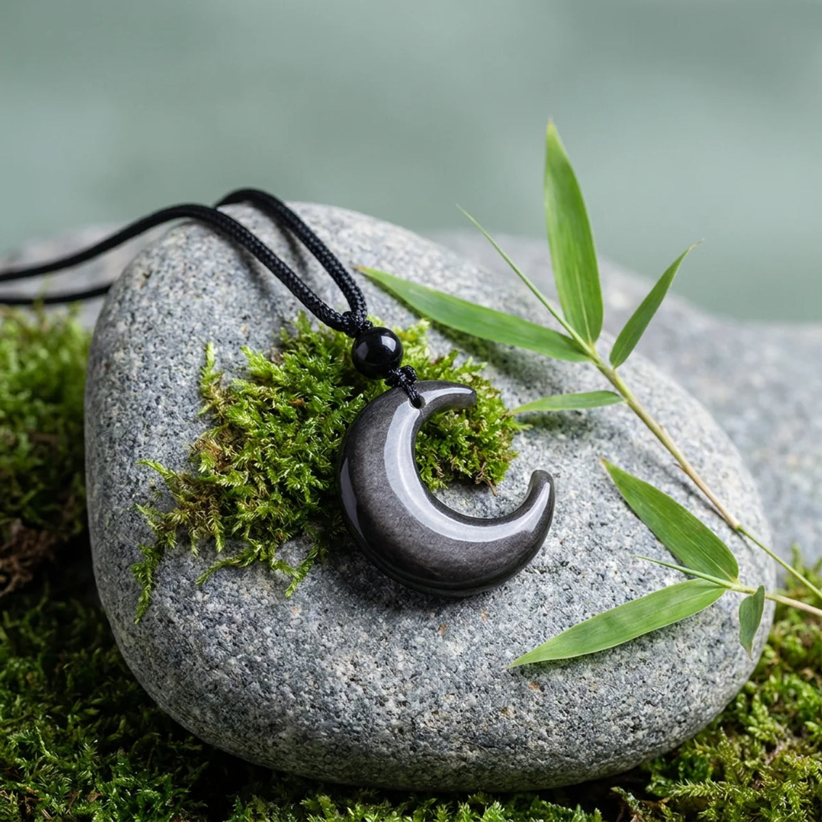 Silver Sheen Obsidian Yin Yang Moon Pendant Necklace
