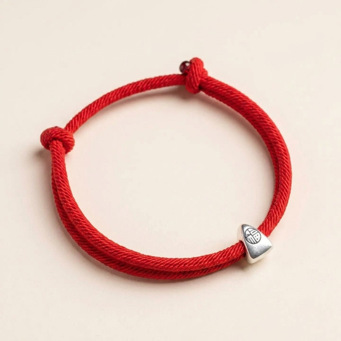 Silver Fu Character Red String Bracelet