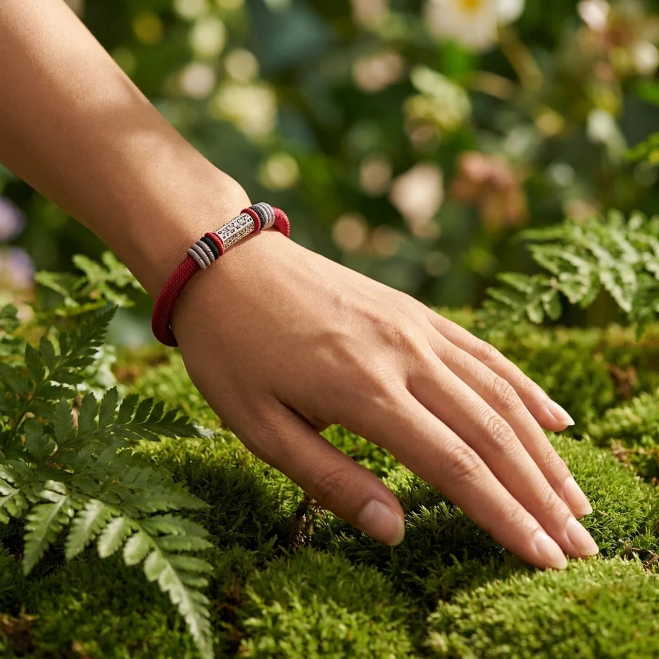 Silver Om Mani Padme Hum Red String Bracelet