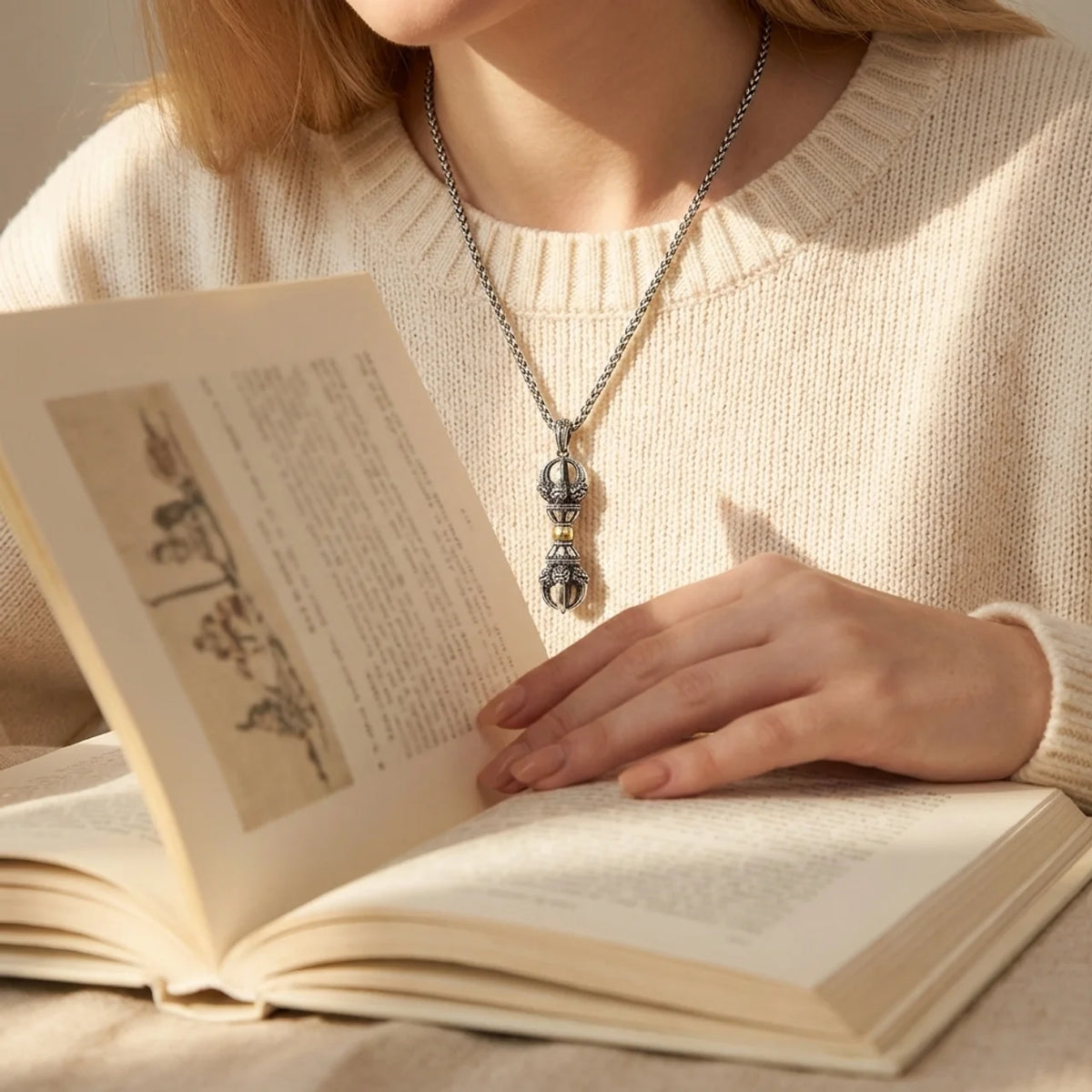 Collier Pendentif Dorje Vajra Plaqué Argent