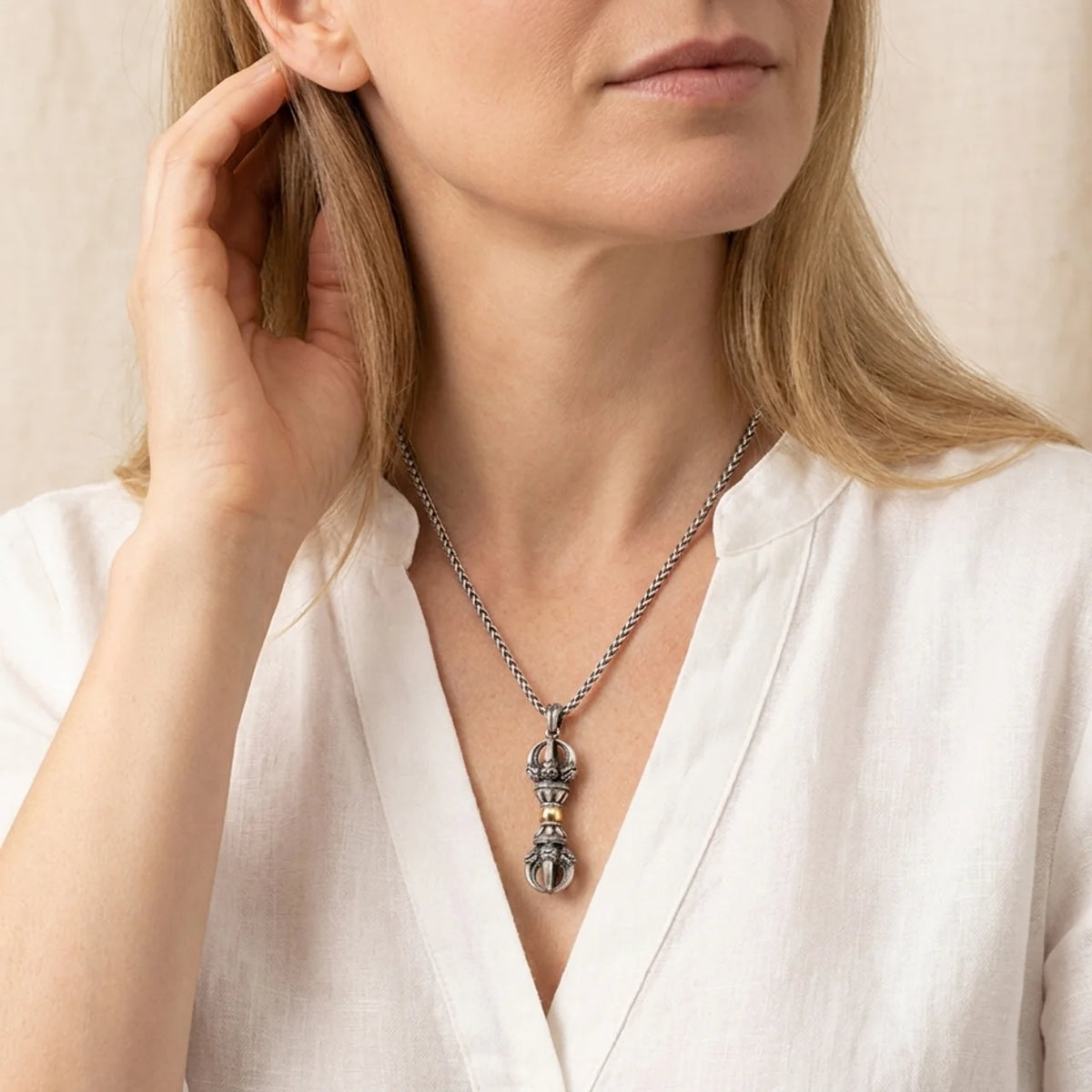 Collier Pendentif Dorje Vajra Plaqué Argent