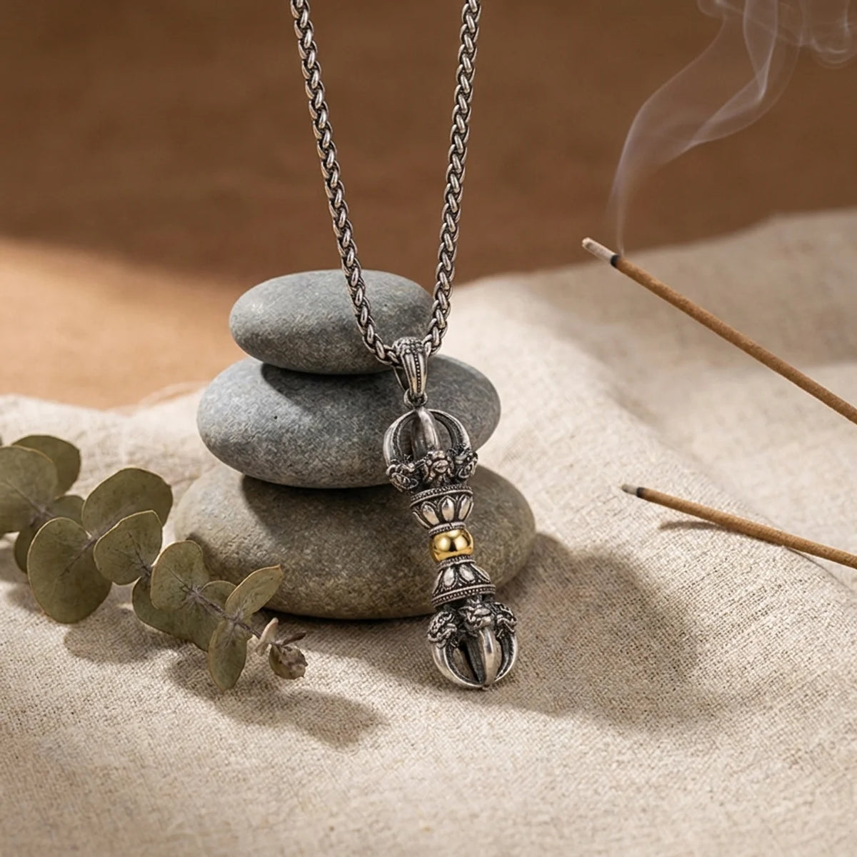 Collier Pendentif Dorje Vajra Plaqué Argent