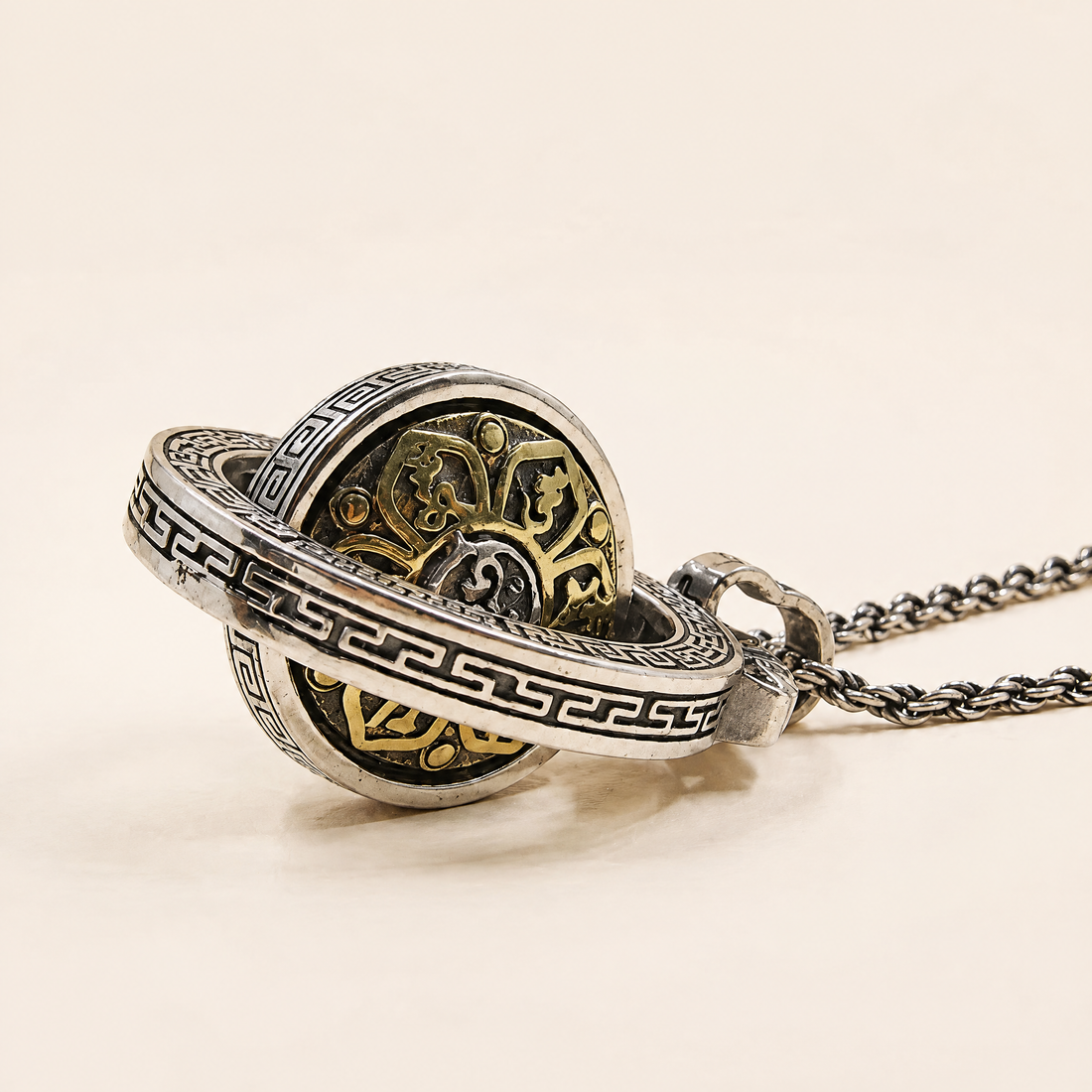 Silver Plated Rotating Mantra Pendant Necklace