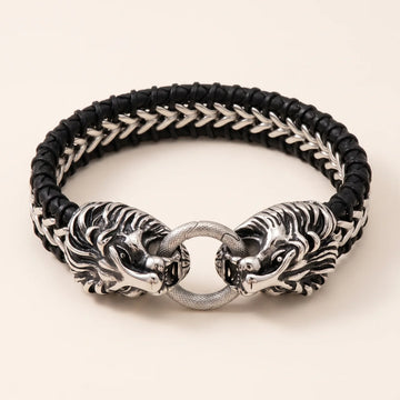 Steel Lion Head Braided Leather Bracelet