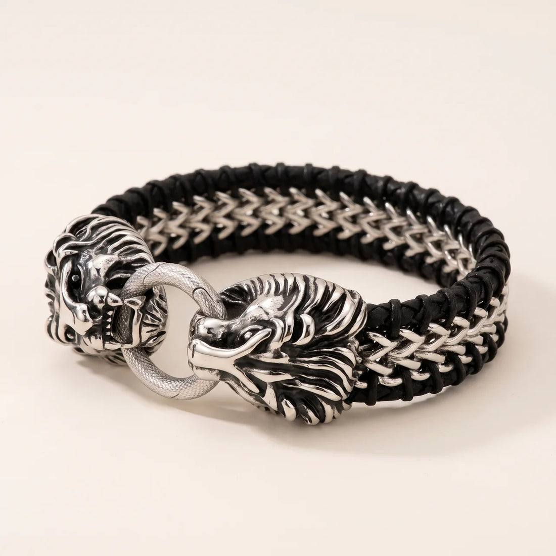 Steel Lion Head Braided Leather Bracelet