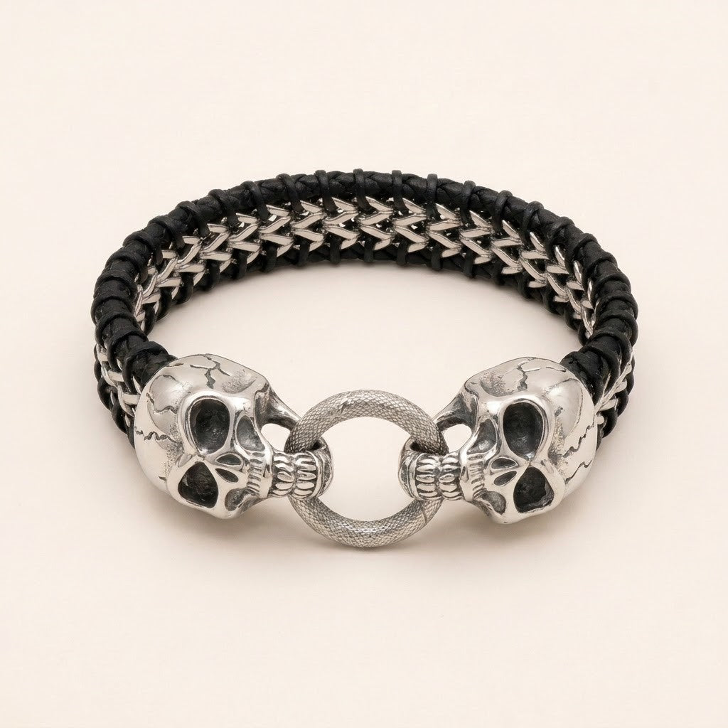 Bracelet en cuir tressé avec têtes de lion en acier