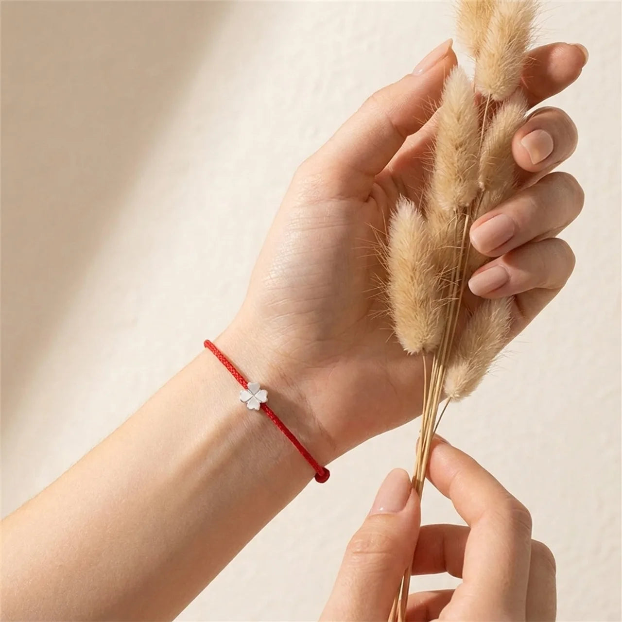 Sterling Silver Four Leaf Clover Red String Bracelet