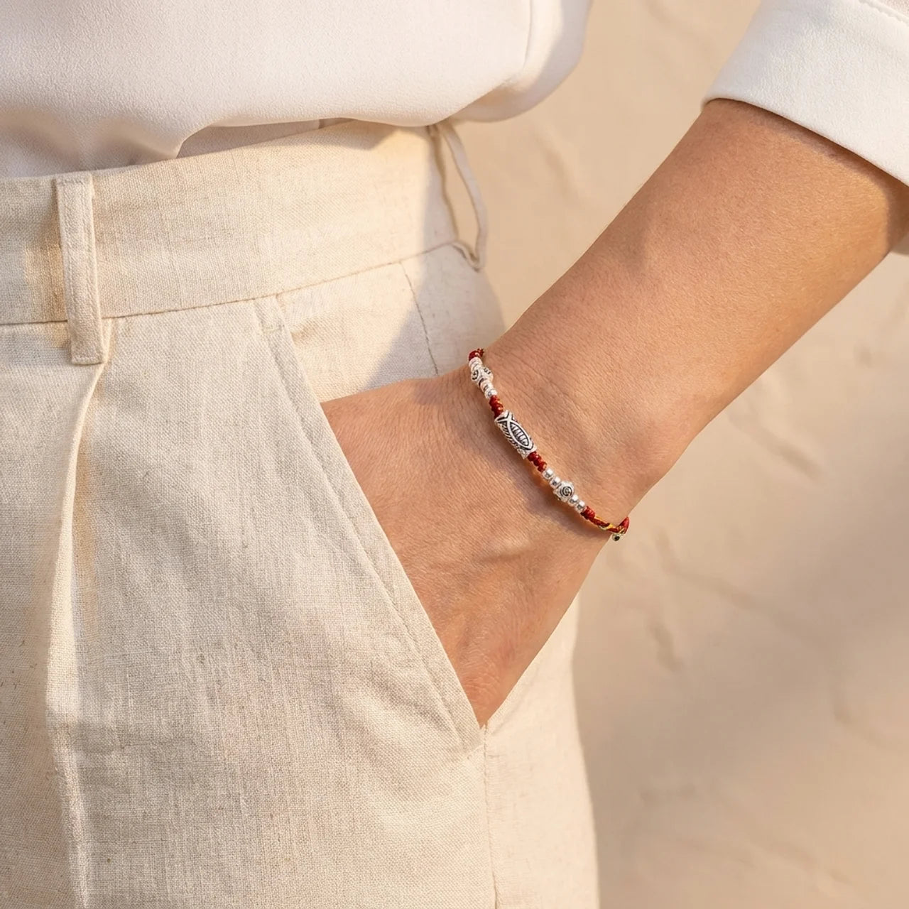 Sterling Silver Koi Fish Braided String Bracelet