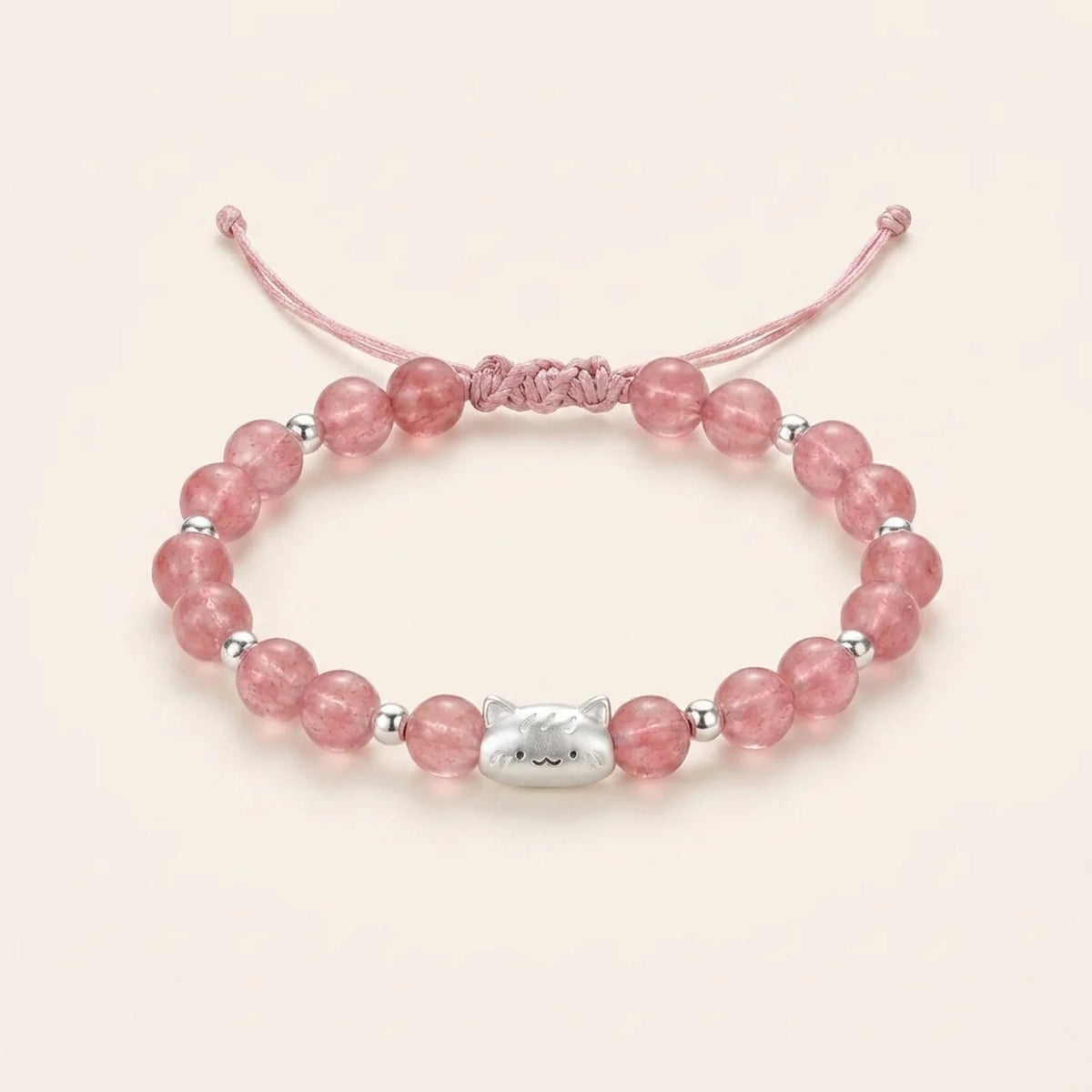 Bracelet en quartz fraise avec breloque chat