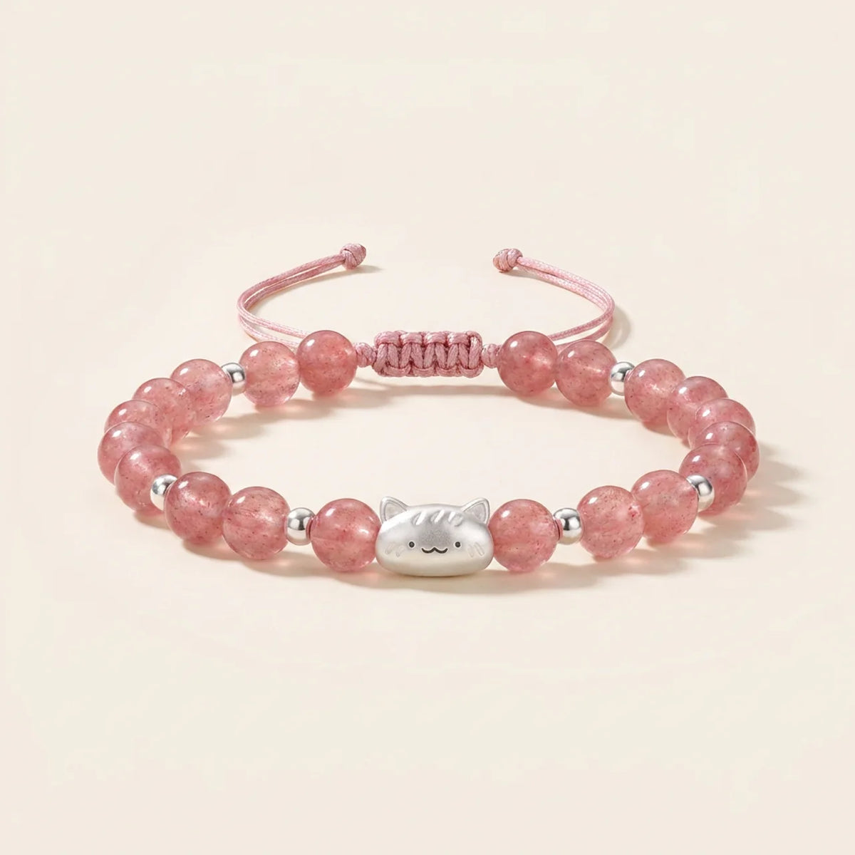 Bracelet en quartz fraise avec breloque chat
