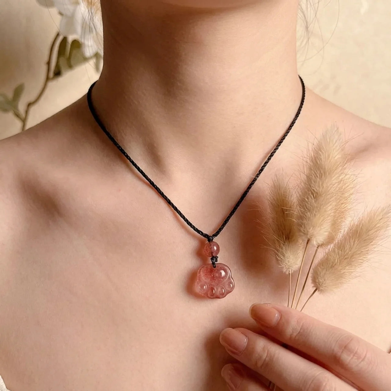 Strawberry Quartz Cat Paw Pendant Necklace
