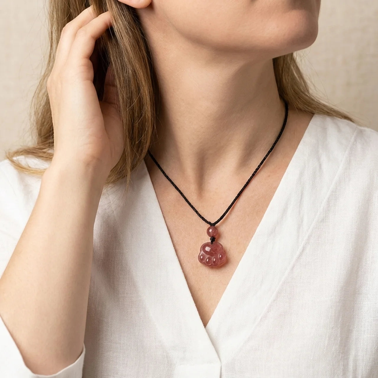 Strawberry Quartz Cat Paw Pendant Necklace