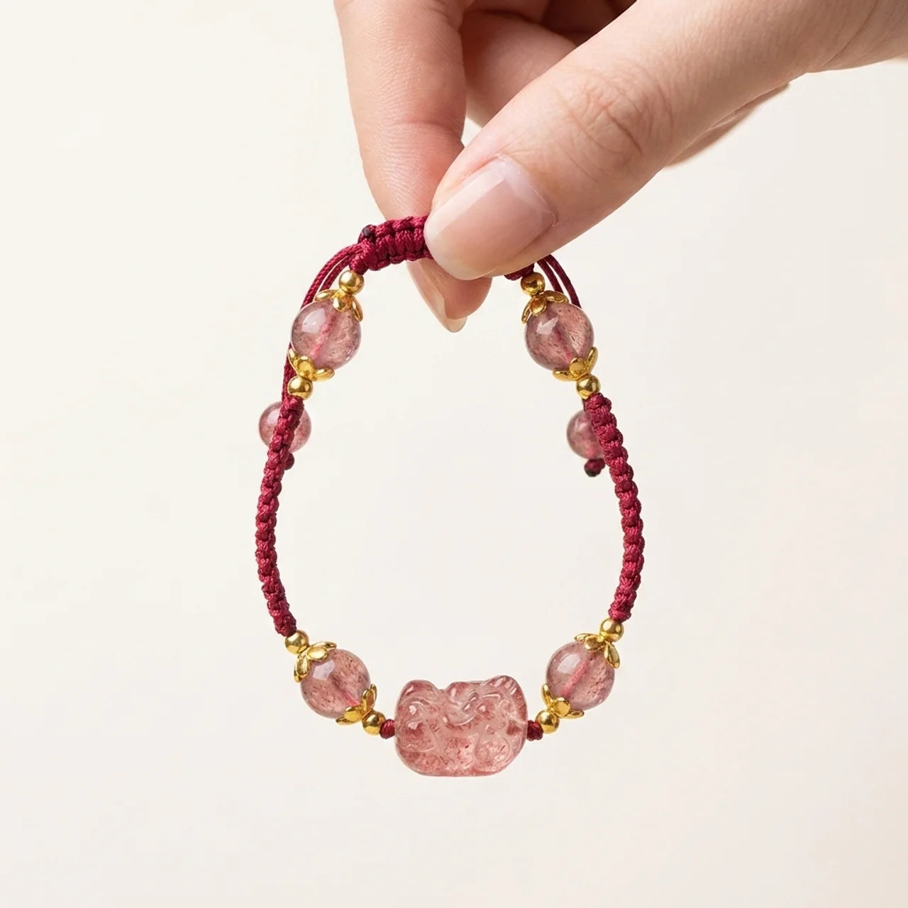 Strawberry Quartz Pixiu Red String Bracelet