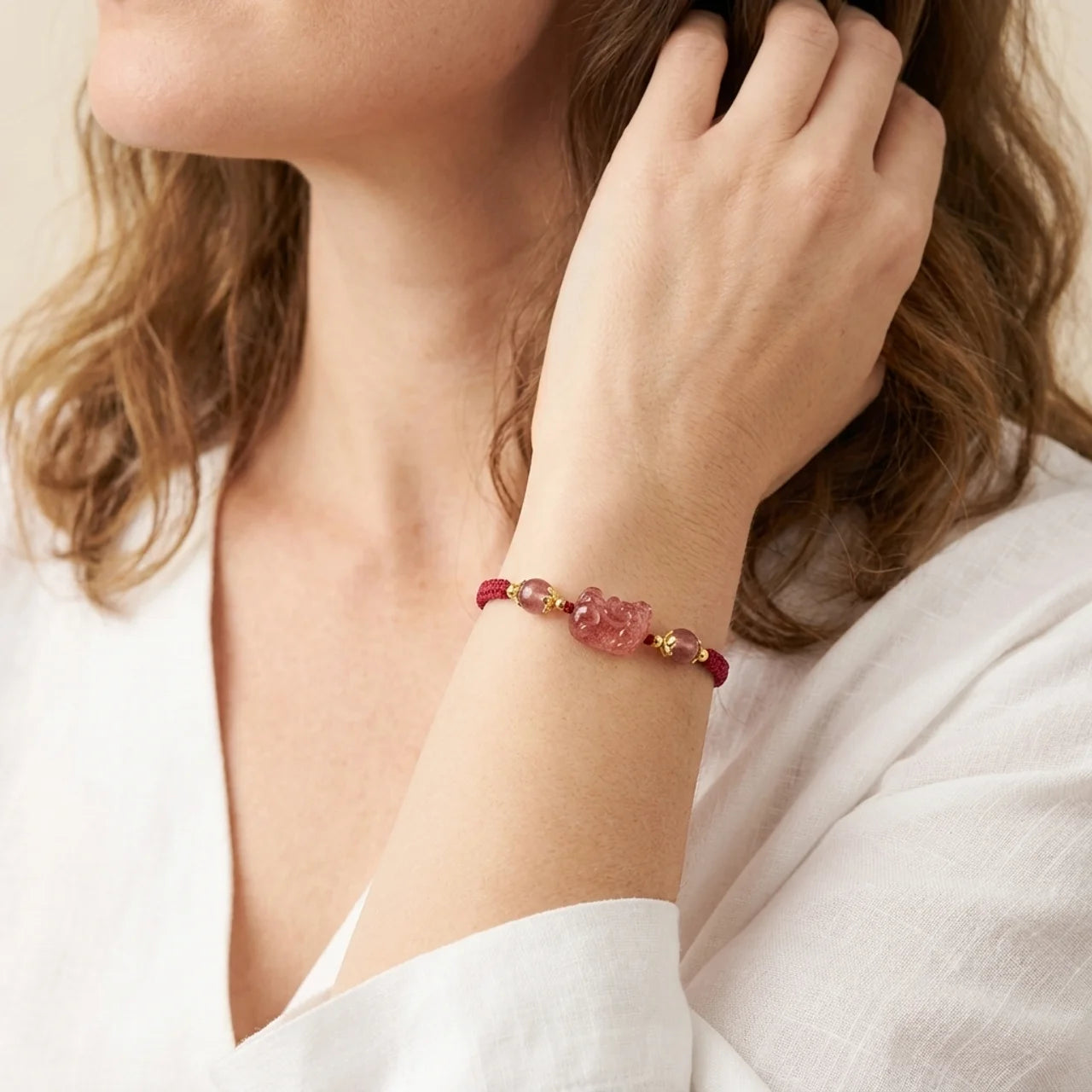 Strawberry Quartz Pixiu Red String Bracelet