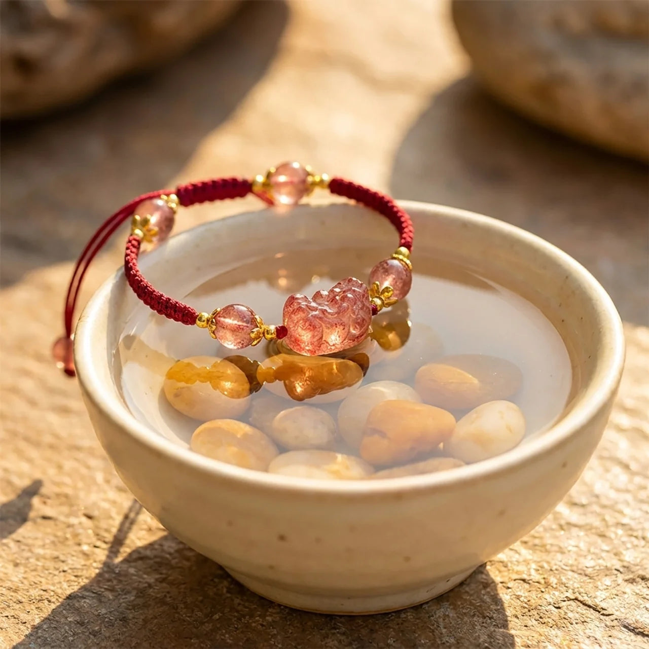 Strawberry Quartz Pixiu Red String Bracelet