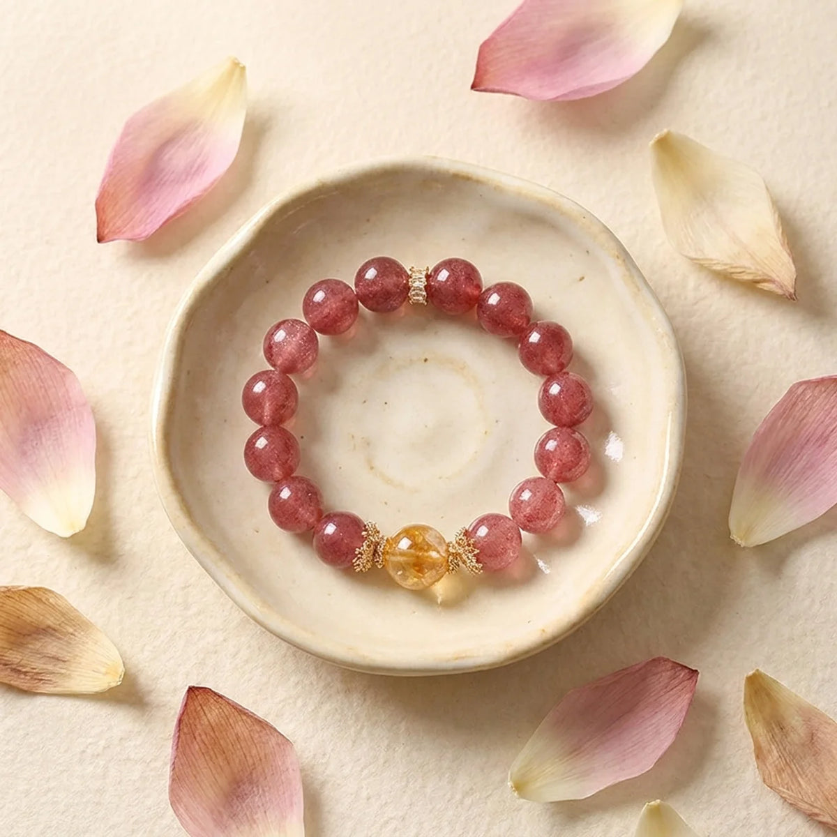 Strawberry Quartz and Yellow Tower Crystal Bracelet