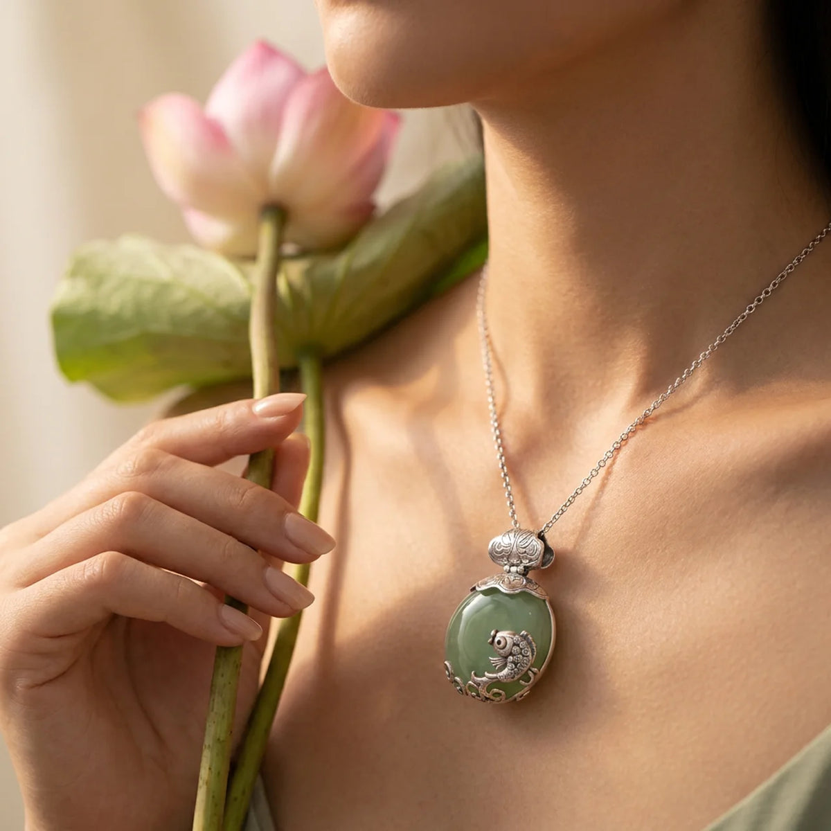 Synthetic Jade Koi Fish Pendant Necklace