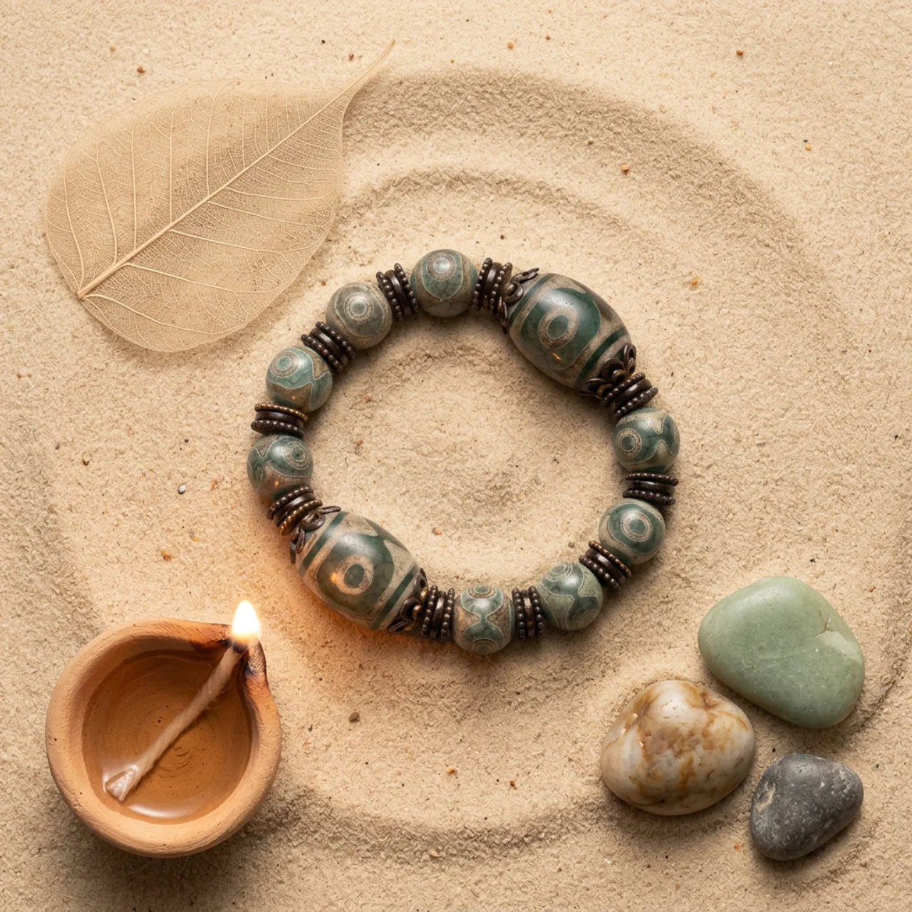 Three-Eye Dzi Bead Natural Agate Bracelet