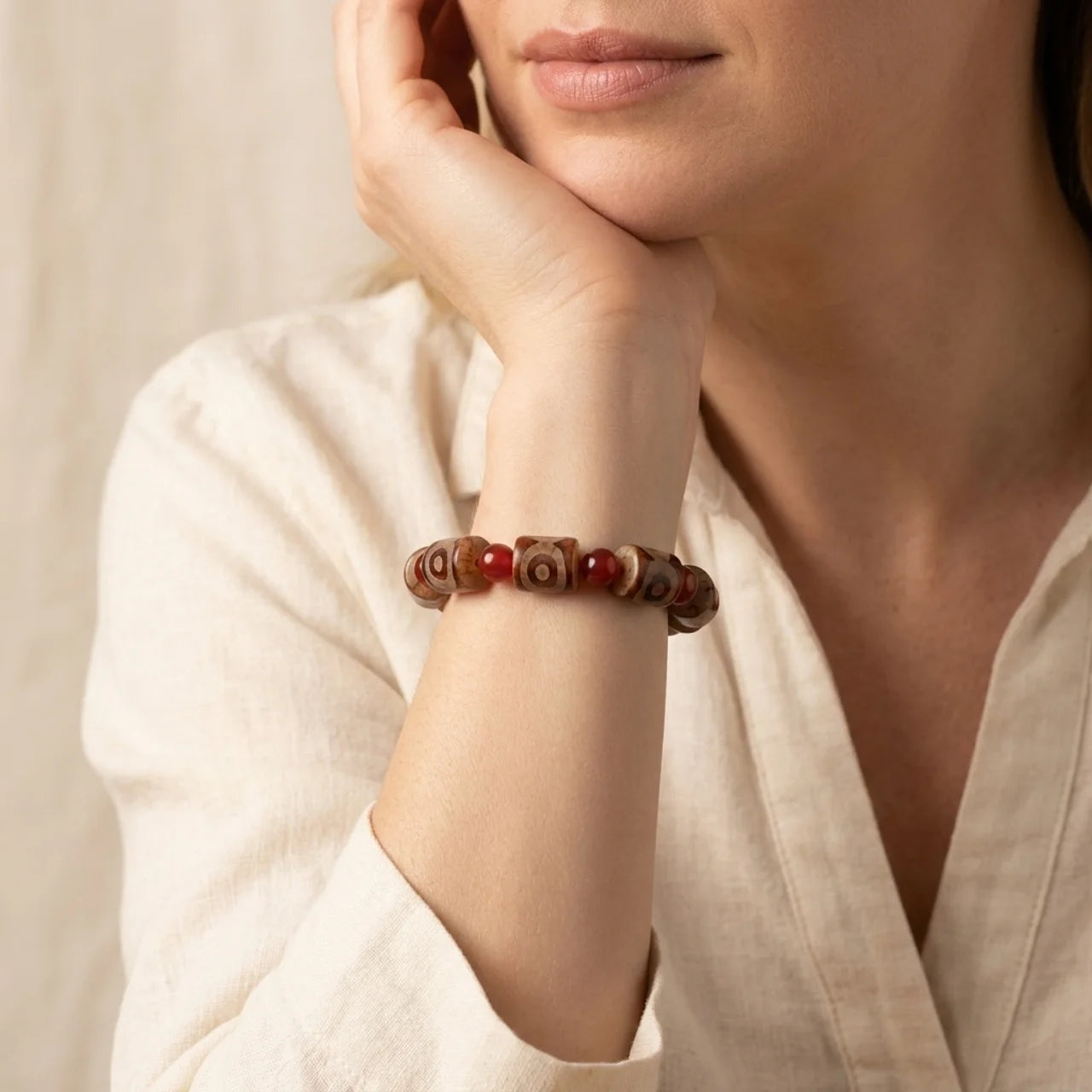 Three Eye Dzi Agate Cylinder Bracelet