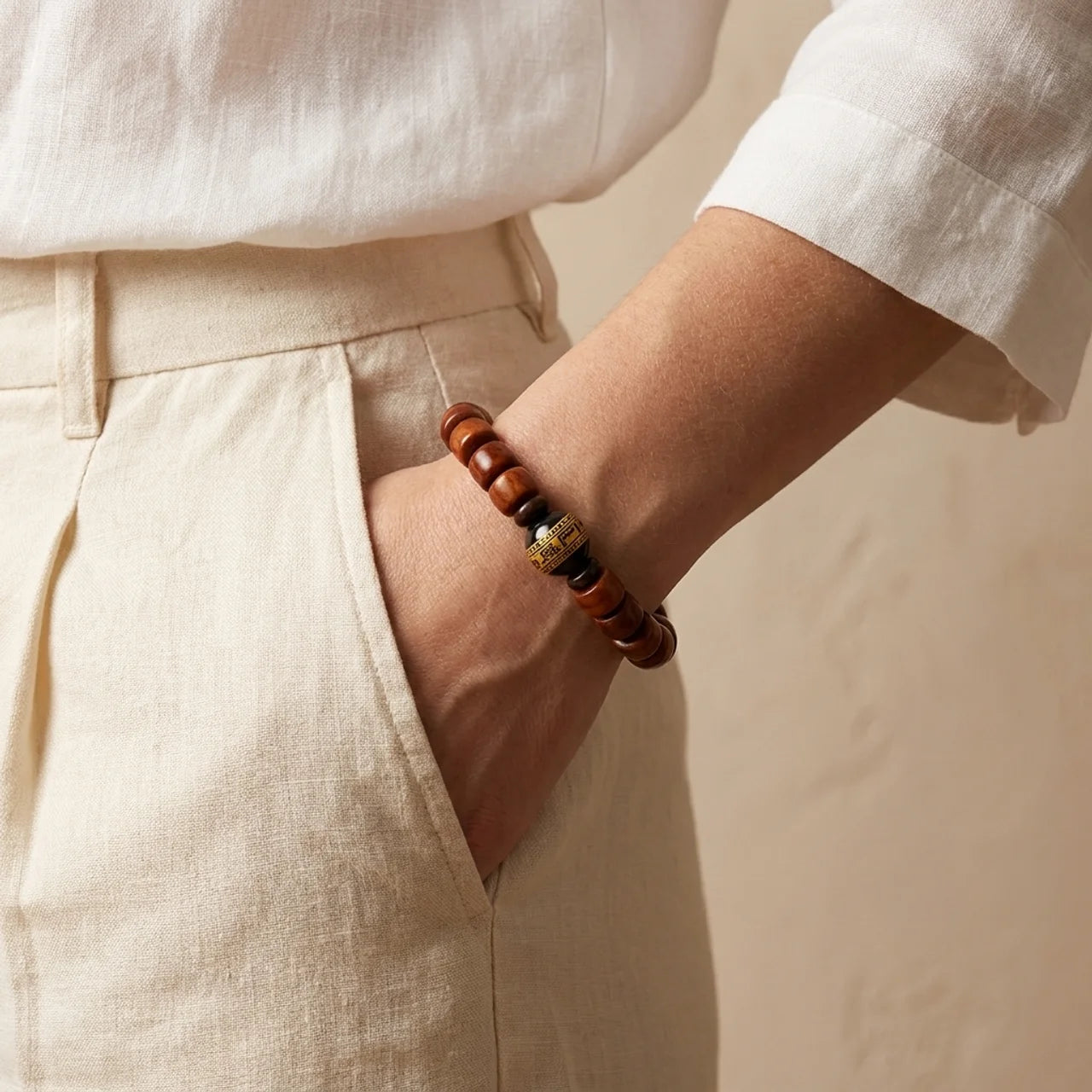 Three Eyed Dzi Yak Bone Agate Bracelet