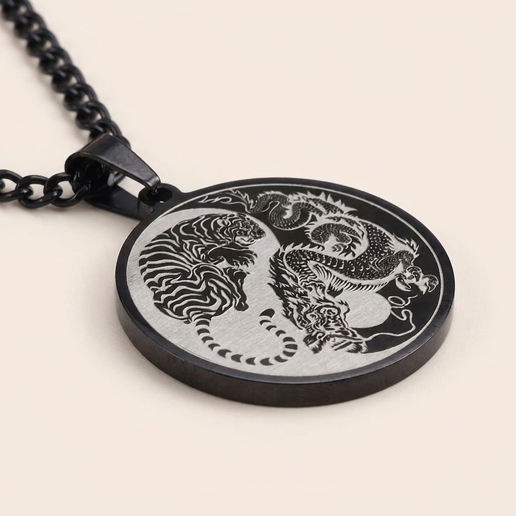 Titanium Steel Dragon Tiger Pendant Necklace
