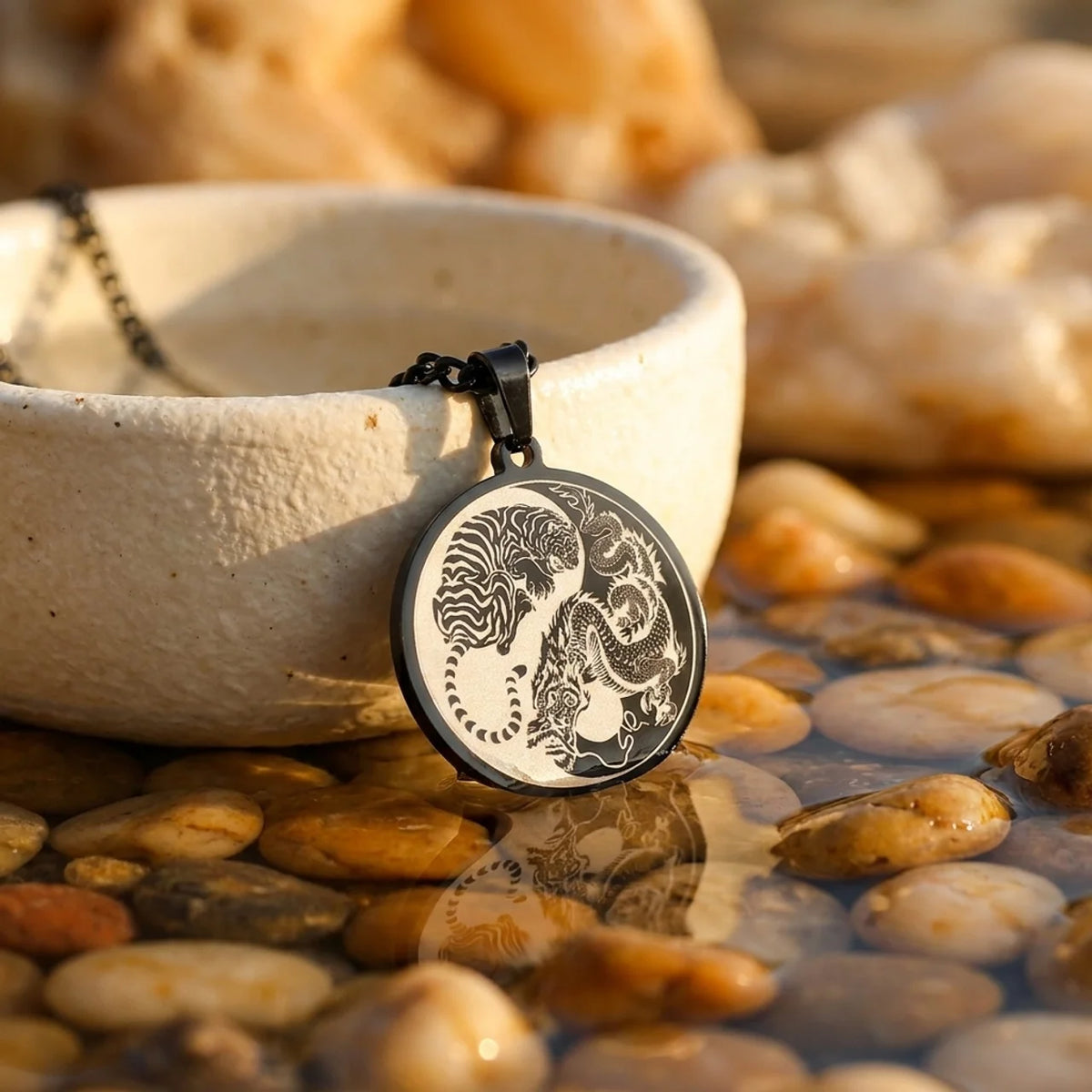 Titanium Steel Dragon Tiger Pendant Necklace