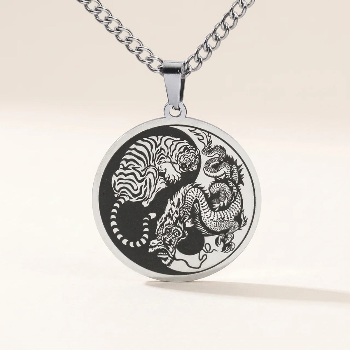Titanium Steel Dragon Tiger Pendant Necklace