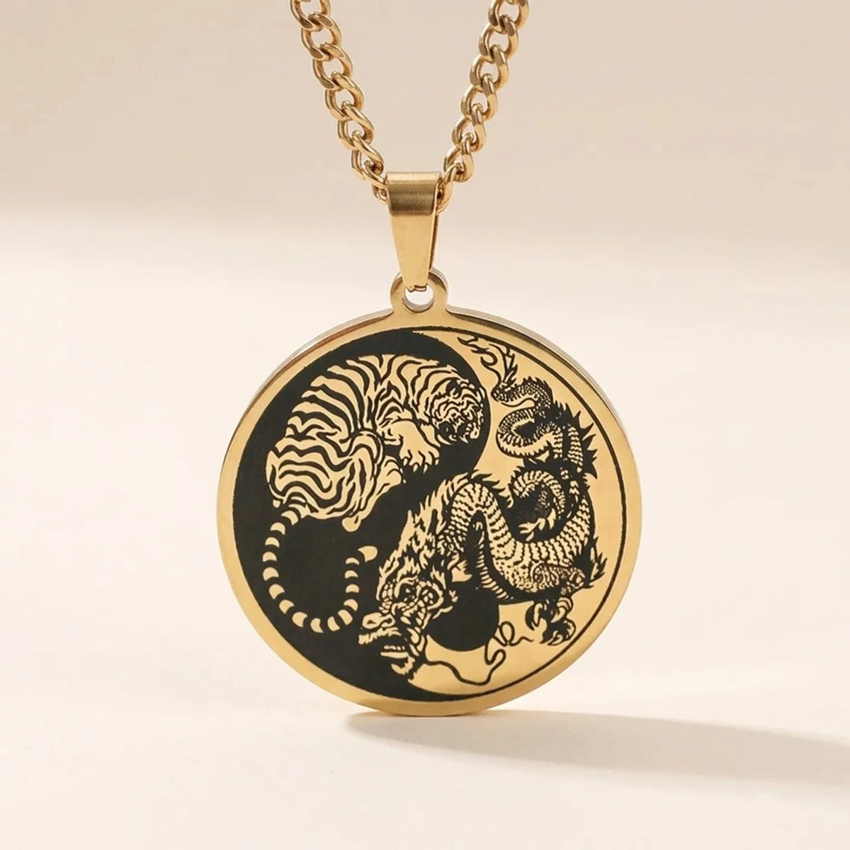 Titanium Steel Dragon Tiger Pendant Necklace