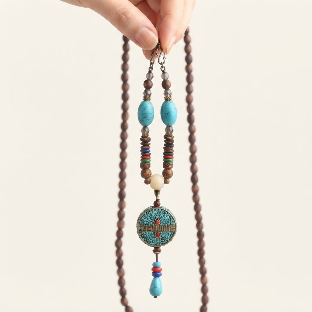 Turquoise Agate Dzi Bead Prayer Wheel Necklace