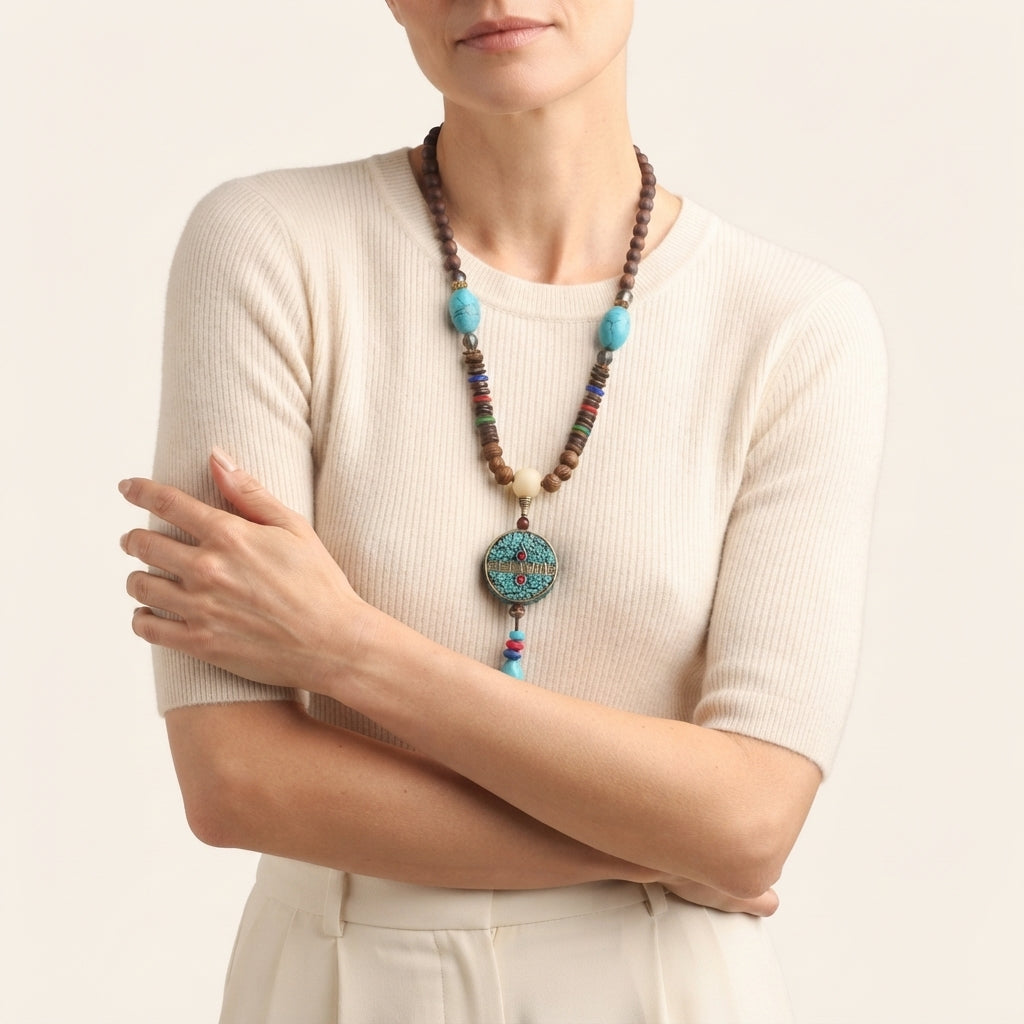 Turquoise Agate Dzi Bead Prayer Wheel Necklace