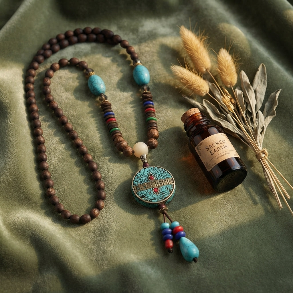 Turquoise Agate Dzi Bead Prayer Wheel Necklace