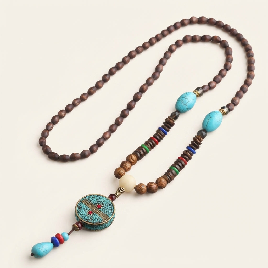 Turquoise Agate Dzi Bead Prayer Wheel Necklace