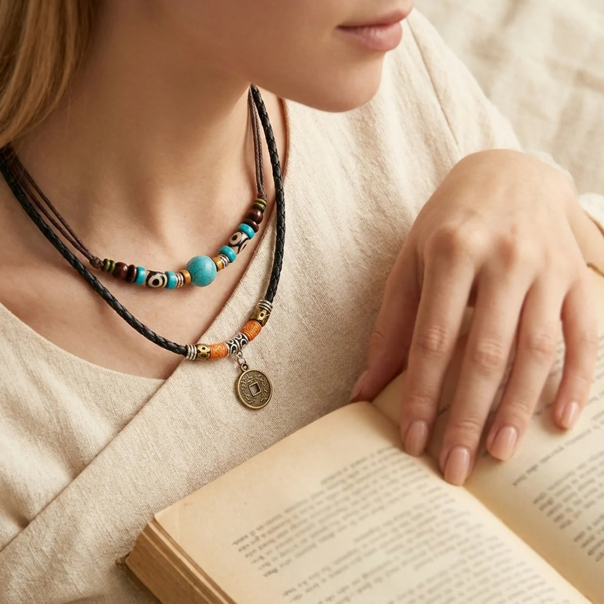 Turquoise Dzi Bead Protection Necklace