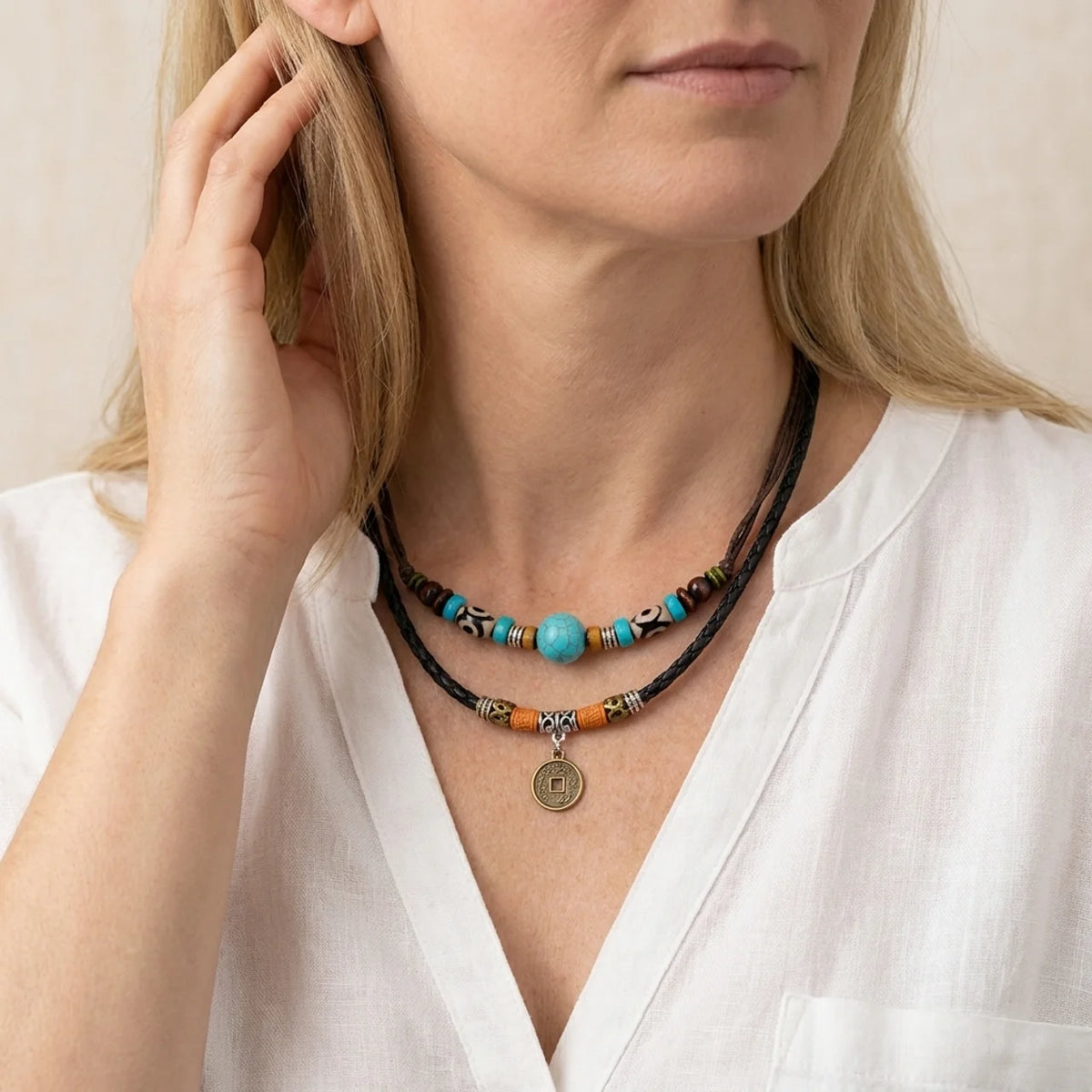 Turquoise Dzi Bead Protection Necklace
