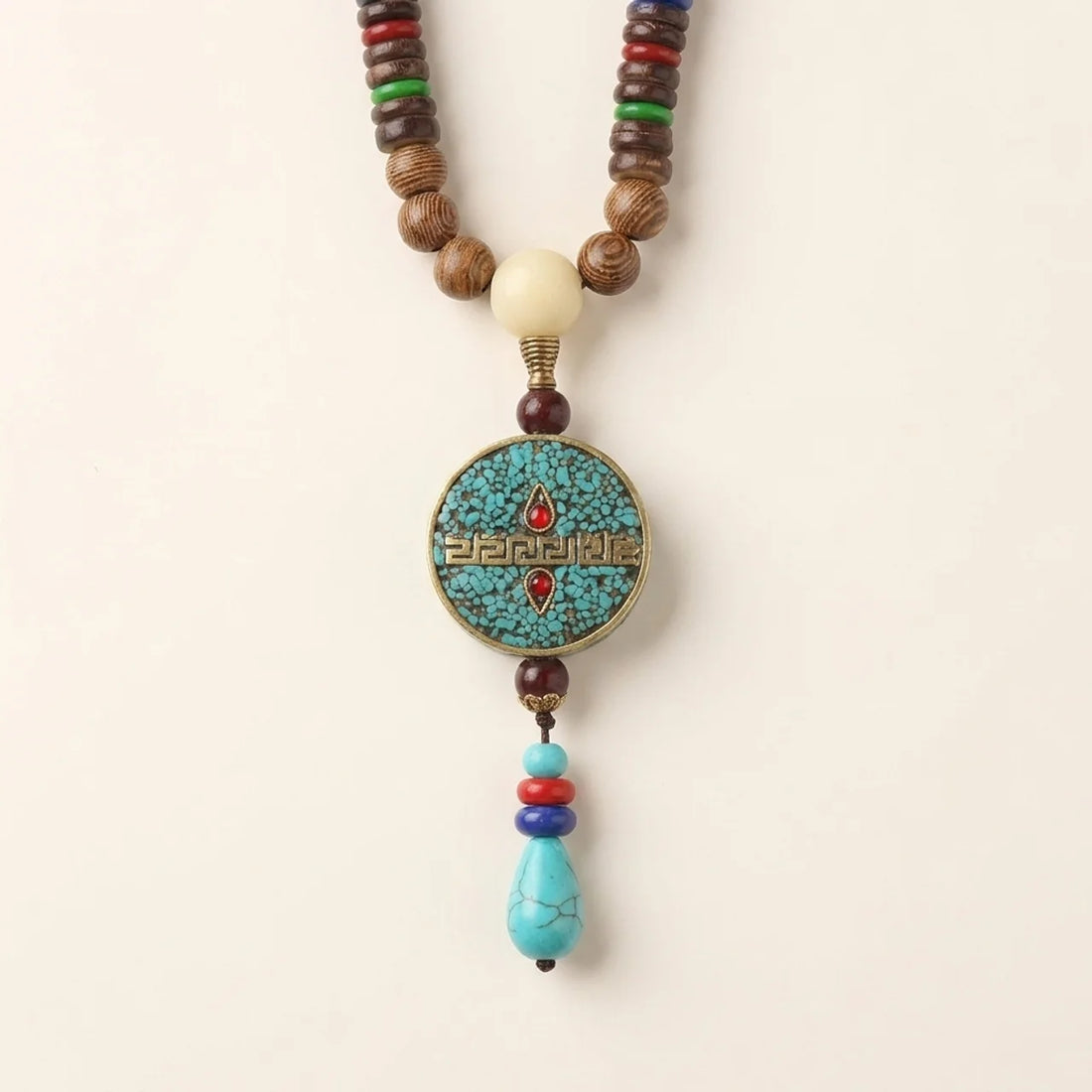Halsband med turkos, agat, dzi-pärla och bönehjul