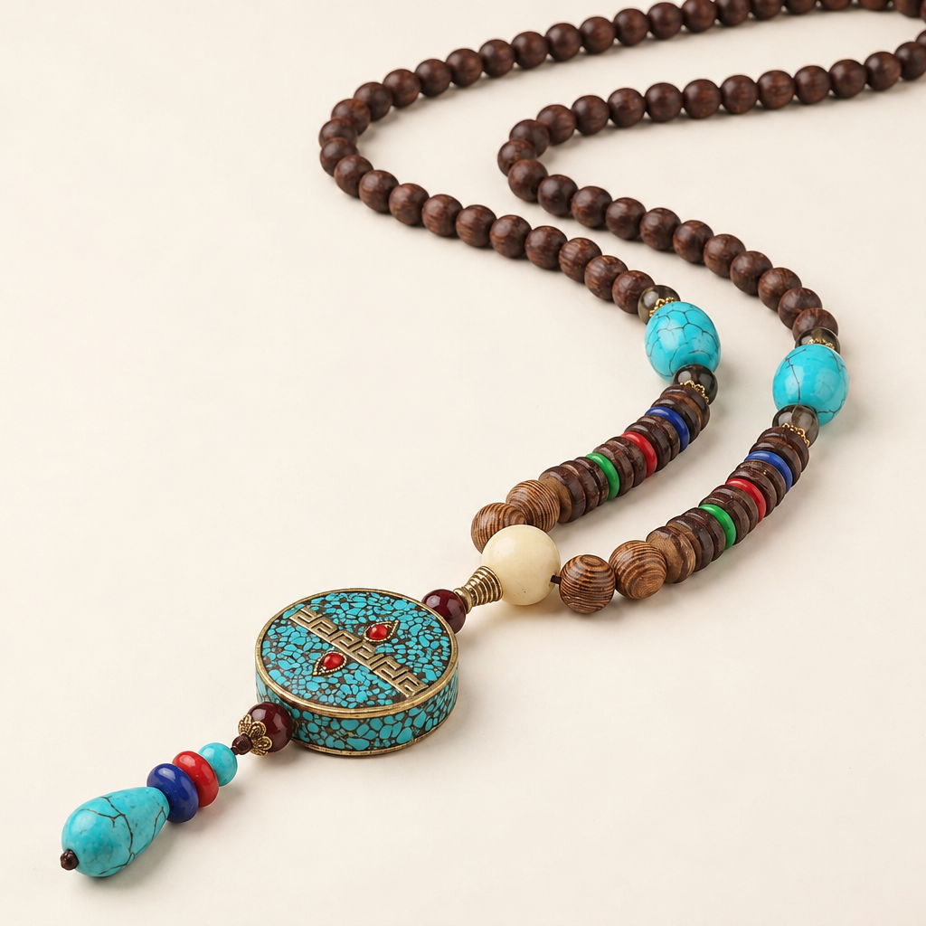 Halsband med turkos, agat, dzi-pärla och bönehjul