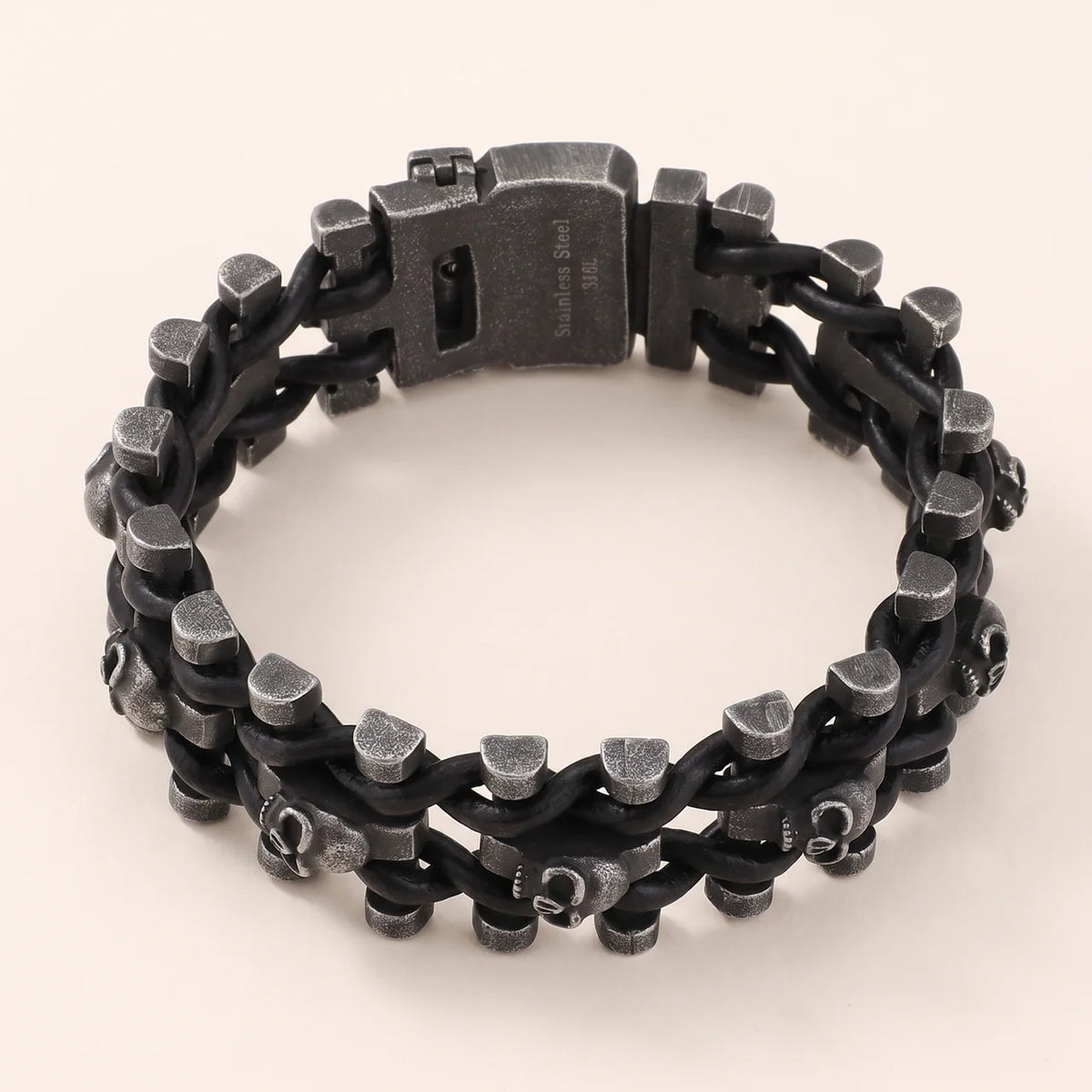 Unisex Stainless Steel Skull Leather Bracelet