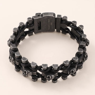 Unisex Stainless Steel Skull Leather Bracelet