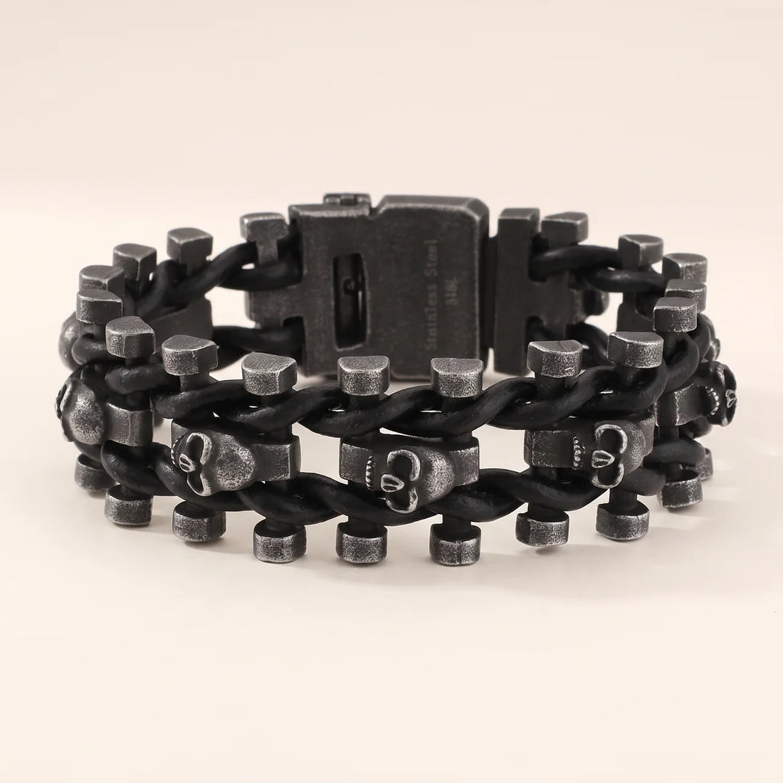 Unisex Stainless Steel Skull Leather Bracelet