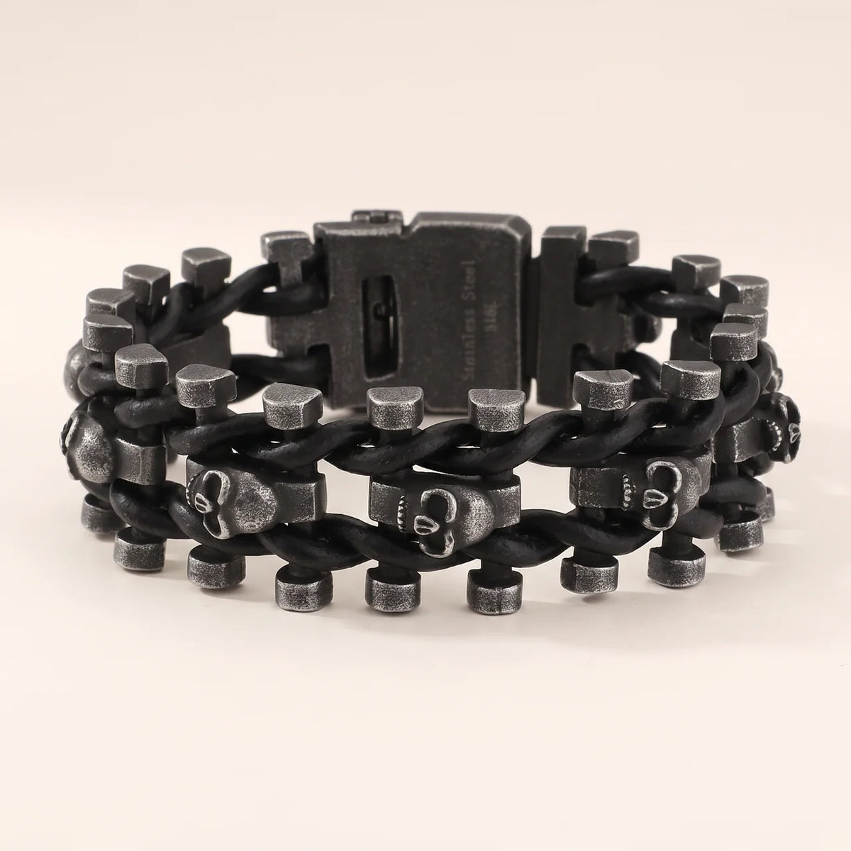 Unisex Stainless Steel Skull Leather Bracelet