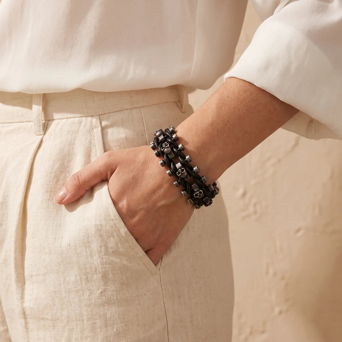 Unisex Stainless Steel Skull Leather Bracelet