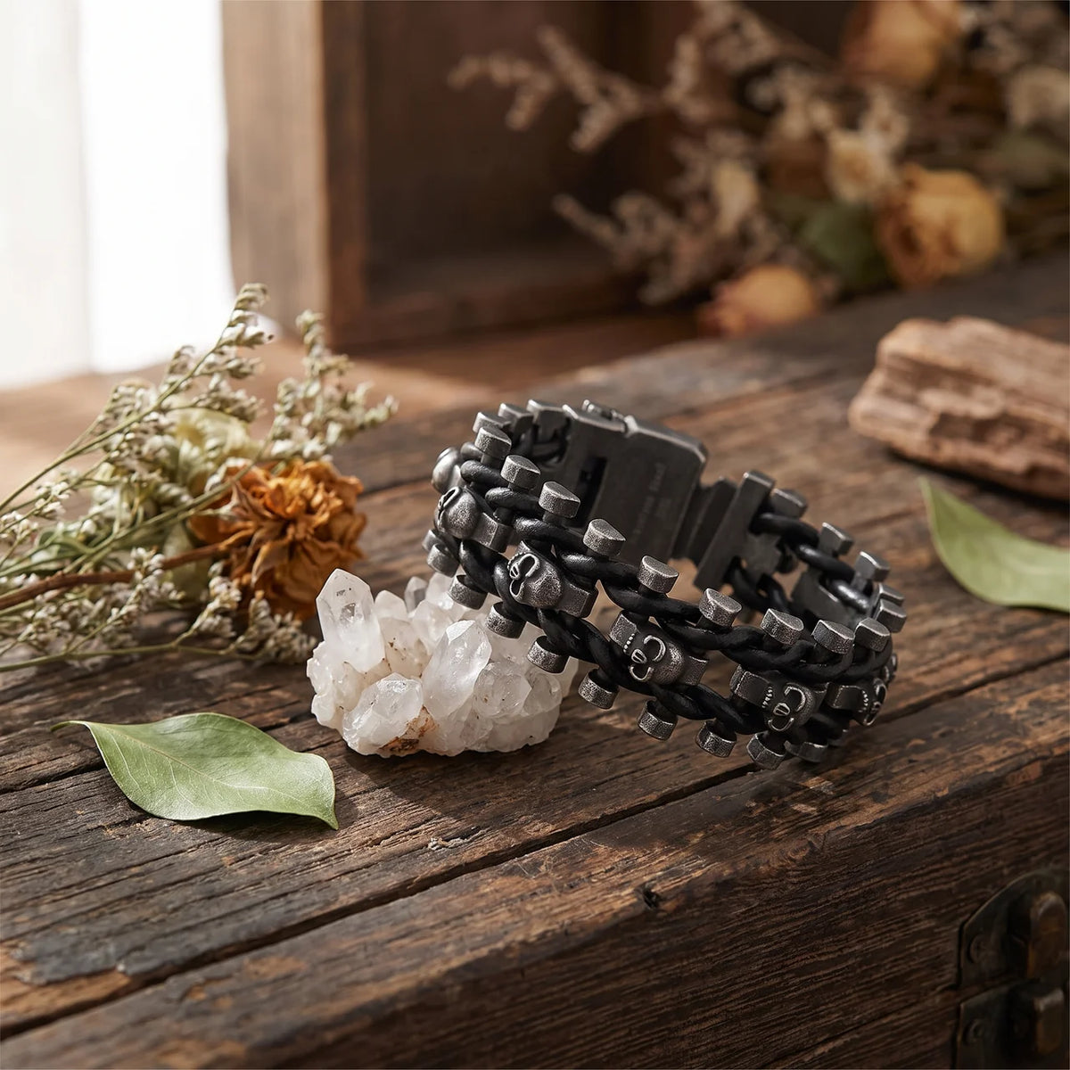 Unisex Stainless Steel Skull Leather Bracelet