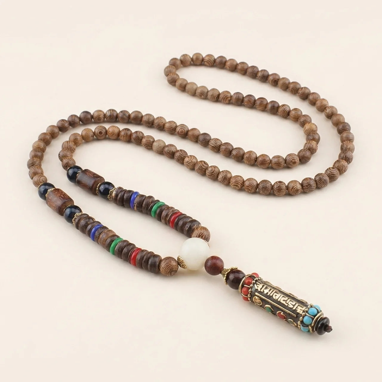 Wenge Wood Dzi Bead Mantra Pendant Necklace