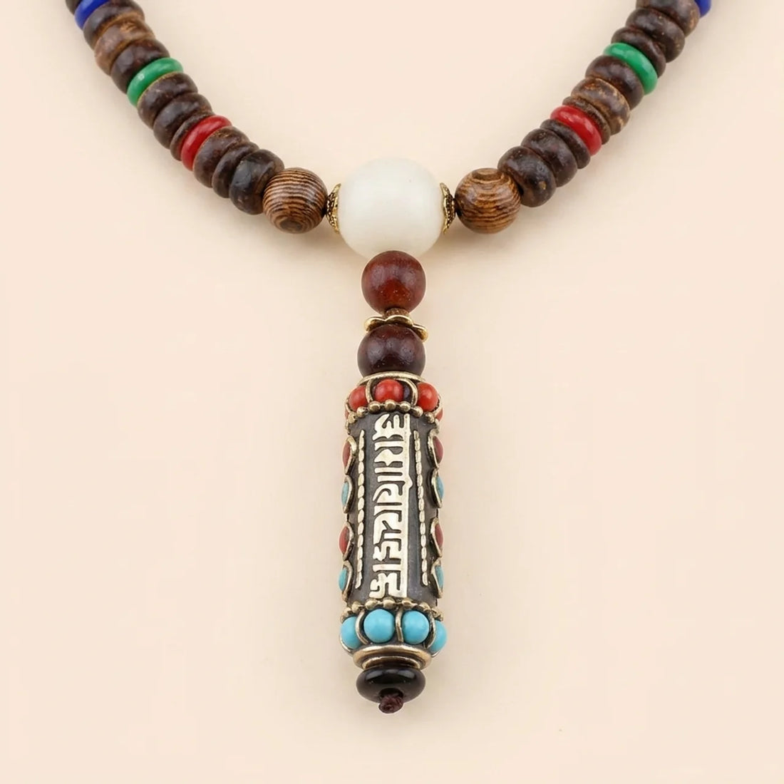 Wenge Wood Dzi Bead Mantra Pendant Necklace